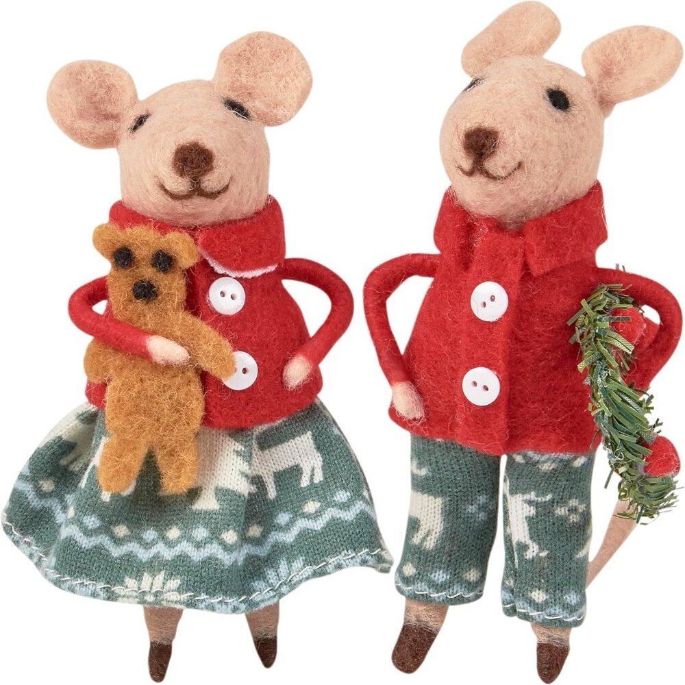 Kathy Christmas Day Mice Collectible Critter Set, Two Felt mice with Festive Chr